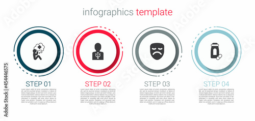 Set Helping hand, Psychology, Psi, Drama theatrical mask and Sedative pills. Business infographic template. Vector