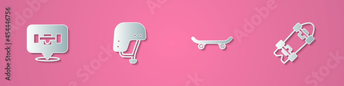 Set paper cut Skateboard wheel, helmet, and Longboard or skateboard icon. Paper art style. Vector