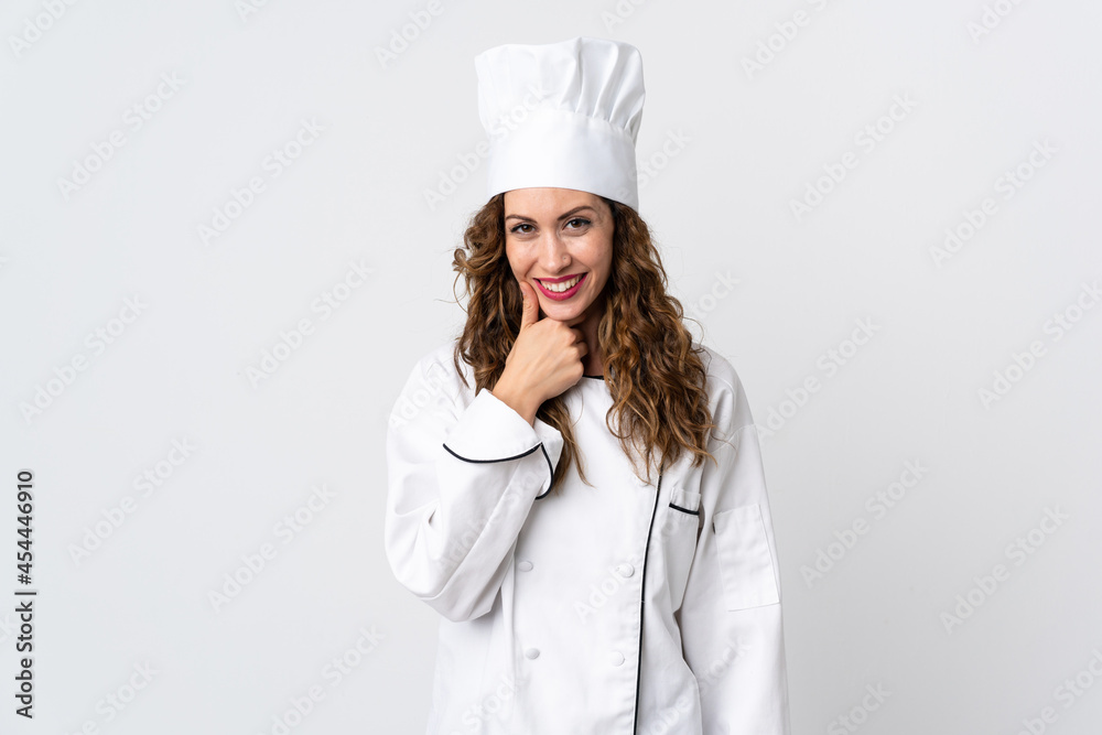 Young chef woman isolated on white background happy and smiling Young chef woman isolated on white background happy and smiling