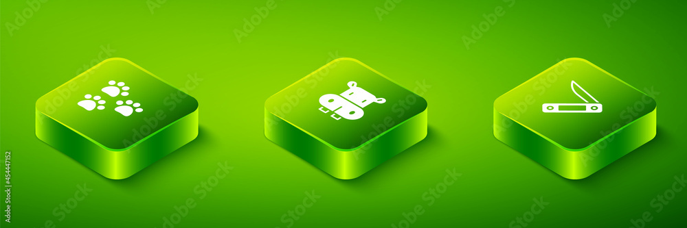 Set Isometric Hippo or Hippopotamus, Swiss army knife and Paw print icon. Vector Set Isometric Hippo or Hippopotamus, Swiss army knife and Paw print icon. Vector