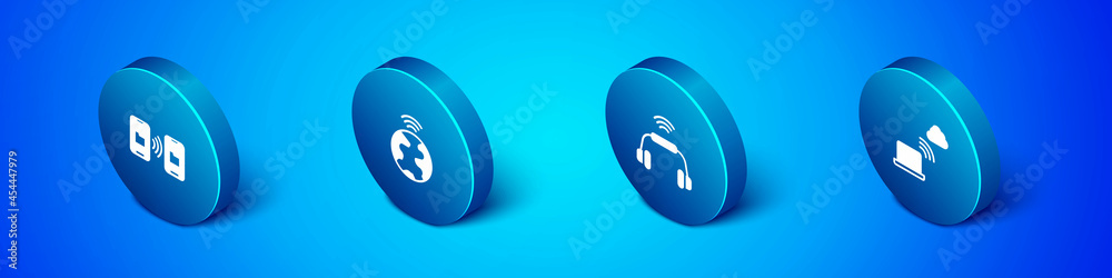 Set Isometric Data transfer and storage, Smart headphones system, Network cloud connection and Global technology icon. Vector Set Isometric Data transfer and storage, Smart headphones system, Network cloud connection and Global technology icon. Vector