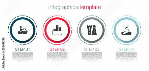 Set Jet ski, Winner podium, Flippers for swimming and Surfboard. Business infographic template. Vector