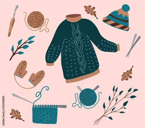 Cozy autumn set, Hygge evening for knitting. Handmade work. World Knitting Day in public places, balls of yarn for knitting. Vector cute flat cartoon illustration. Hobby time. Handmade concept.