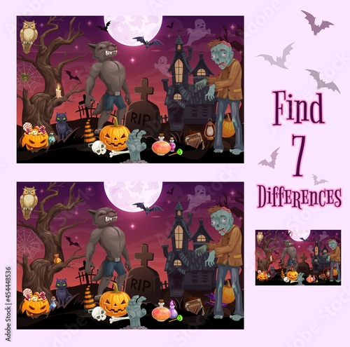 Kids game of find or spot differences vector template with cartoon Halloween monsters and pumpkins. Children education game, puzzle, quiz or riddle of finding differences between pictures with answers