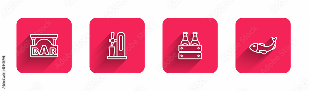 Set line Street signboard with Bar, Beer tap glass, Pack of beer bottles and Dried fish with long shadow. Red square button. Vector Set line Street signboard with Bar, Beer tap glass, Pack of beer bottles and Dried fish with long shadow. Red square button. Vector