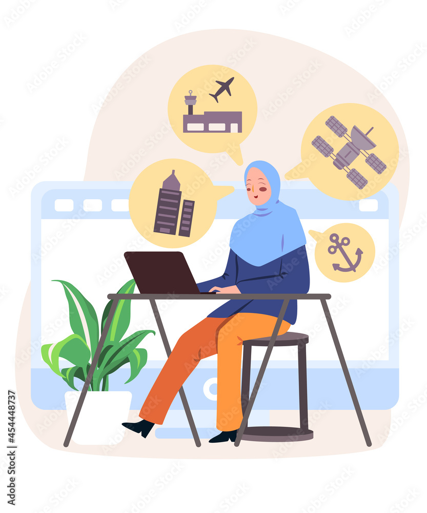 woman with hijab scarf sitting in front of laptop on the desk to handle SCADA system to control physical process modern cartoon flat color style vector design