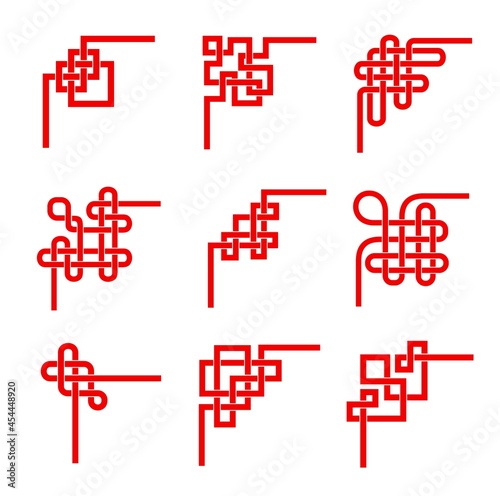 Asian red knots. Chinese, Korean, Japanese embellishment vector set. Decorative corners, Tibetan eternal buddhism spirituality borders. Feng Shui lucky traditional elements, geometric ornament design