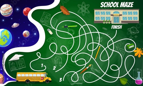 Labyrinth maze space planets and stars, school building, bus, stationery and science formulas. Kids board game, vector riddle with tangled path, start, finish, cartoon and sketch learing items photo