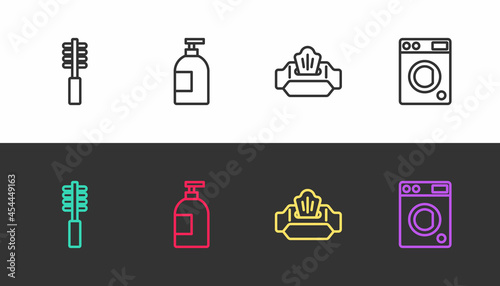 Set line Toilet brush, Dishwashing liquid bottle, Wet wipe pack and Washer on black and white. Vector