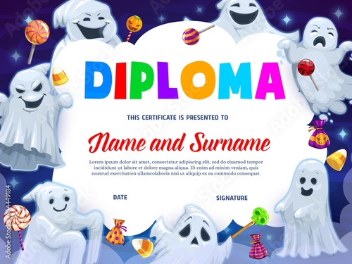 Kids diploma, cartoon funny Halloween ghosts and sweets. Vector certificate with cute spooks, cookies and candies. School or kindergarten award frame template, trick or treat chocolate and lollipops