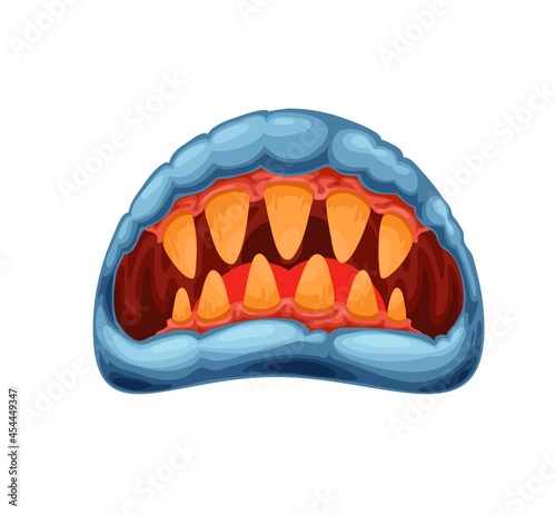 Cartoon monster jaws, mouth and old yellow teeth. Vector creepy zombie or alien maw with blue lips and red tongue. Halloween creature roaring yap, angry beast roar isolated on white background