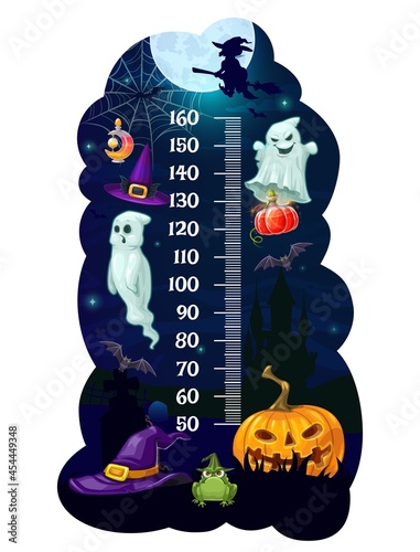 Kids height chart Halloween monsters growth measure meter. Cartoon vector wall sticker with wizard hat, ghosts, witch on broom and pumpkin with bat or cauldron. Children height measurement scale