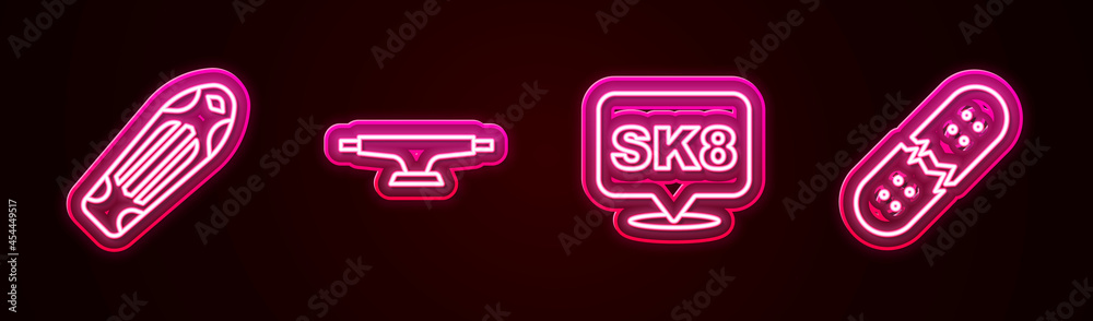 Set line Skateboard deck, wheel, and Broken skateboard. Glowing neon icon. Vector