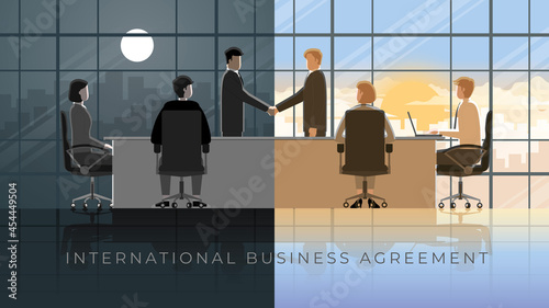Businessmen have virtual shaking hands via online platforms. Joint venture teleconference meeting and International business agreement partner in a different time zone. Morning day and night concept.