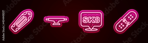 Set line Skateboard deck, wheel, and Broken skateboard. Glowing neon icon. Vector