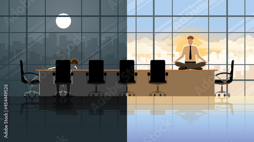 Overnight serious office people sleep in conference room at night. Wake up with peaceful mind sitting cross-legged on table in the morning. Meditation and Mindfulness to reduce stress from hard work.