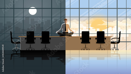 Serious office people in the morning day and night. Peaceful mind businessman sitting cross-legged on a table in a conference room. Meditation and Mindfulness to reduce stress from hard work.