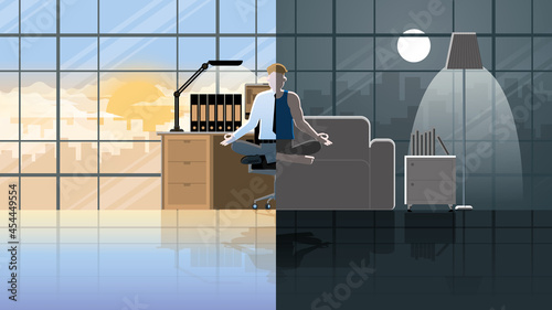 Work-life balance concept of employee salaryman. Meditation, Peaceful mind and Mindfulness to reduce stress from hard work at office working desk in morning, on the sofa in house living room at night.