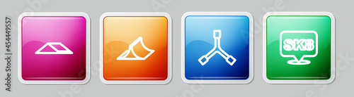 Set line Skate park, , Skateboard Y-tool and . Colorful square button. Vector