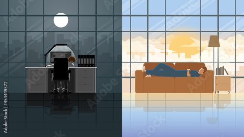 Sleep all time of burnout employee salaryman. Overnight working office people sleep at night in the company. Lie down all day on the sofa in the living room. A lazy person who is tired lacks energy.