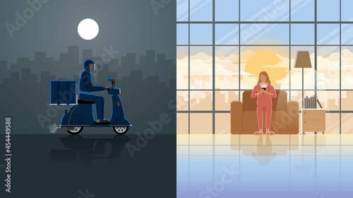 The delivery man working hard, riding motorcycle all night. Deliver and transport product to the customer, waiting for the item from smartphone online shopping app at house living room in the morning.