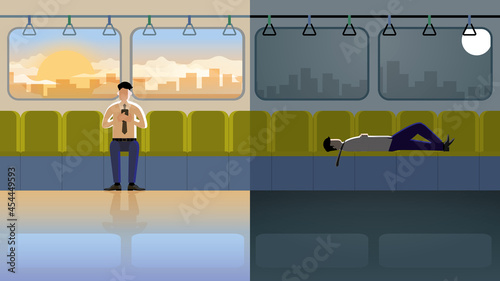 Office worker goes to work in the morning by public transportation. After working hours, work hard all day, he lies down on a seat, sleeps on a train back home with tired, exhausted, and lacks energy.