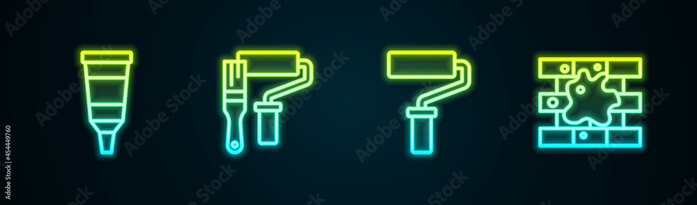 Set line Tube with paint palette, Paint roller brush, and Painting the house. Glowing neon icon. Vector