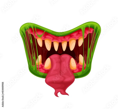 Green monster jaws. Mouth, teeth and tongue of cartoon Halloween creepy creature or dangerous beast. Vector maw with sharp fangs in green slime or saliva and long forked tongue