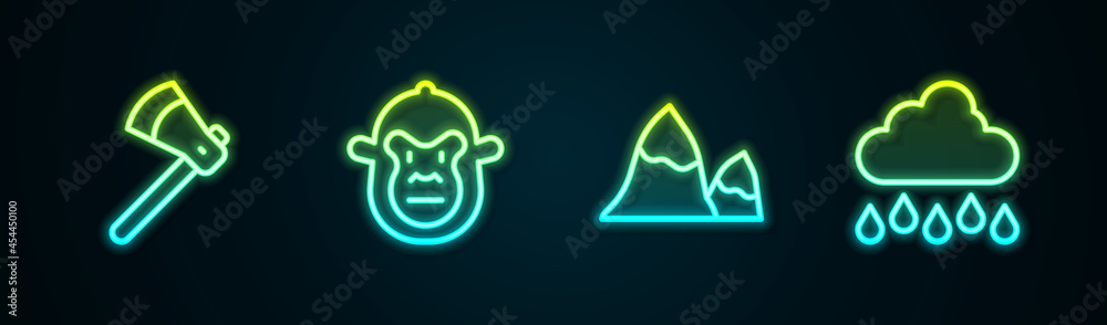 Set line Wooden axe, Monkey, Mountains and Cloud with rain. Glowing neon icon. Vector Set line Wooden axe, Monkey, Mountains and Cloud with rain. Glowing neon icon. Vector