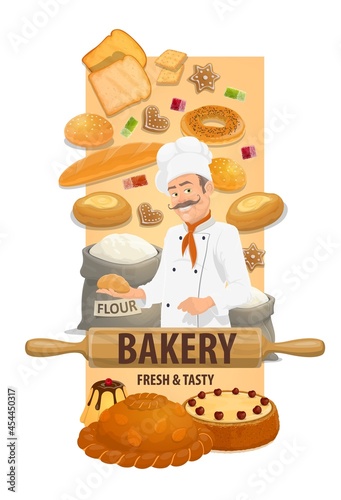 Baker chef with bread and sweet buns. Smiling chef in toque, bagel, sandwich bread, loaf and cake, pudding and korovai, flour in sack and rolling pin, cookie and marmalade vector. Bakery shop dessert