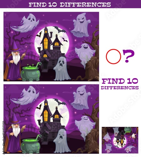 Kids game find ten differences. Vector cartoon Halloween characters magician with cauldron, spooky ghosts and bats near abandoned castle at night. Educational children puzzle, riddle leisure activity