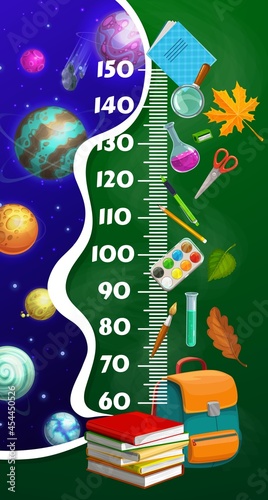 Kids height chart ruler, cartoon space planets, school stationery, textbooks and schoolbag growth measure meter. Vector wall sticker for child height measurement with centimeter scale, cosmic galaxy
