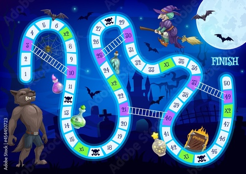 Kids step board game vector template with cartoon Halloween characters and block path. Boardgame with numbers, start and finish. Educational children riddle, family or preschool activity, recreation