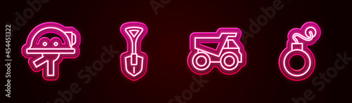 Set line Miner helmet, Shovel, Mining dump truck and Bomb. Glowing neon icon. Vector