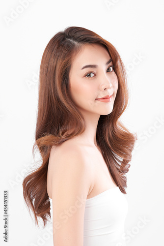 Beautiful young asian woman with clean fresh skin on white background, Face care, Facial treatment, Cosmetology, beauty and spa, Asian women portrait.