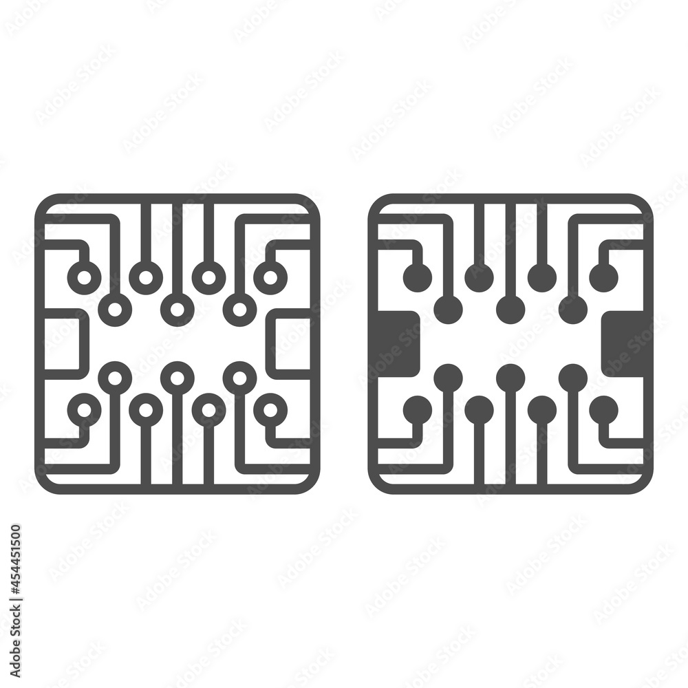 PCB layout square shape chip line and solid icon, electronics concept, printed circuit board vector sign on white background, outline style icon for mobile concept and web design. Vector graphics. PCB layout square shape chip line and solid icon, electronics concept, printed circuit board vector sign on white background, outline style icon for mobile concept and web design. Vector graphics.