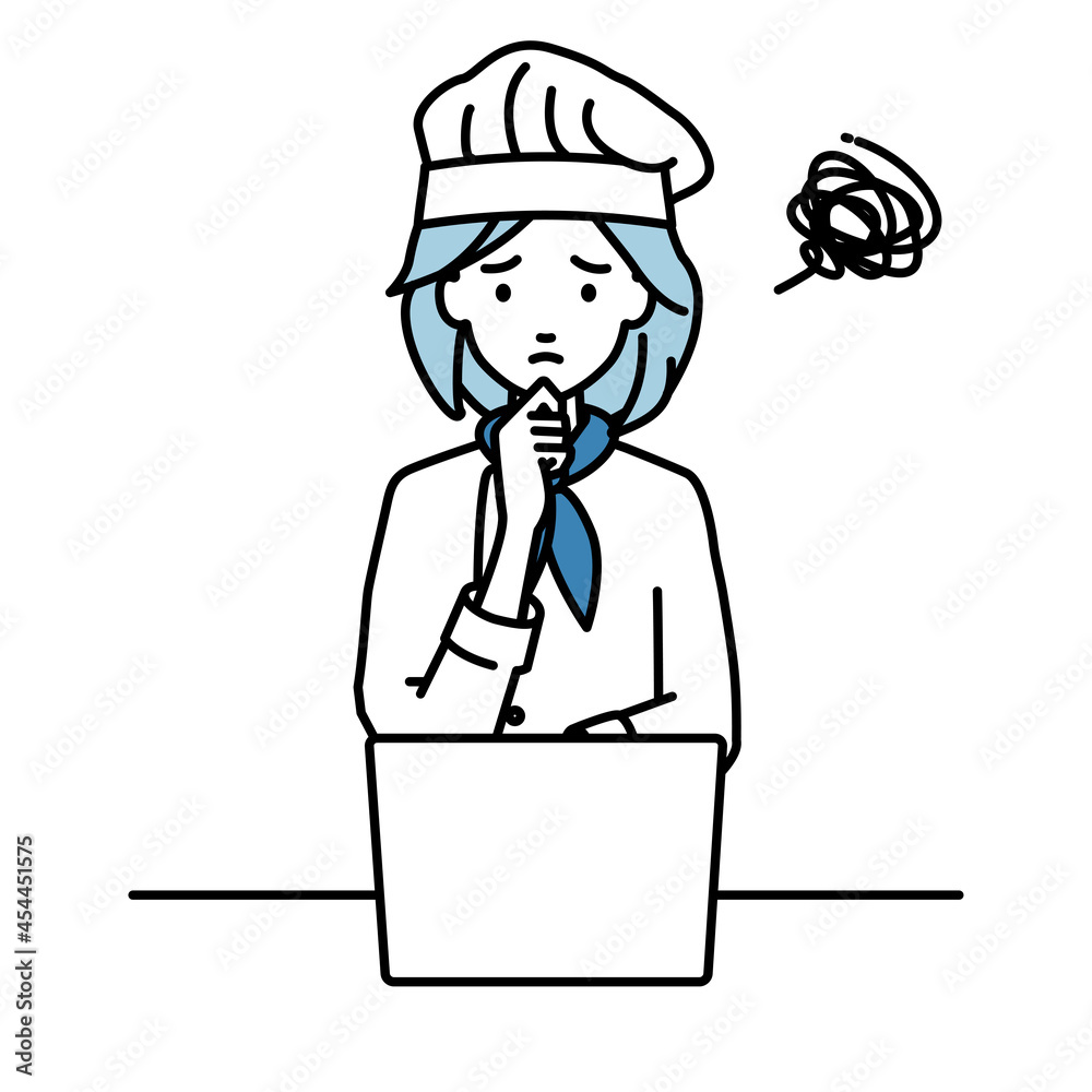 デスクで座ってPCを開いて困っている調理師の女性 デスクで座ってPCを開いて困っている調理師の女性