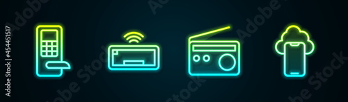 Set line Digital door lock, Computer keyboard, Radio and Cloud technology data. Glowing neon icon. Vector