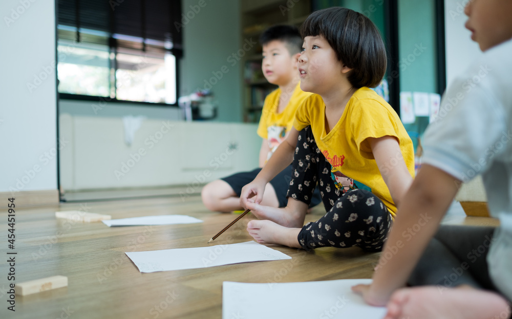 home school, kid doing homework, child write paper, learn time, education concept
