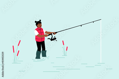 Child learning to fish with fishing rod. girl fishing in pond sea and River. kid in Lake fly fishing. child outdoor fishing gear.
