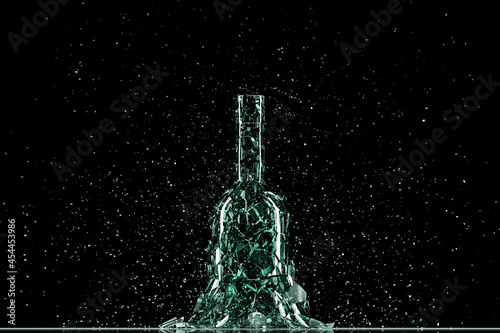 3D Render Broken Glass Realistic green  beer bottle  Mock Up, 3D illustration Graphic Design.