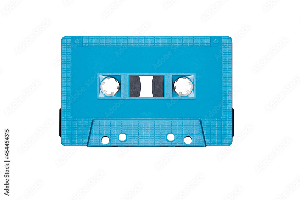 Blue retro mock up cassette tape isolated on white background with clipping path