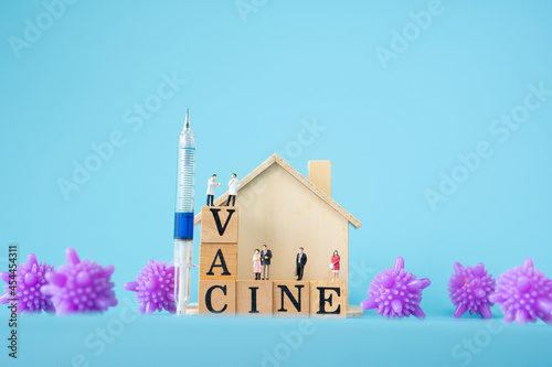 miniature doctor , patient , home , purple virus and syringe with Wooden cubes with words ''vaccine