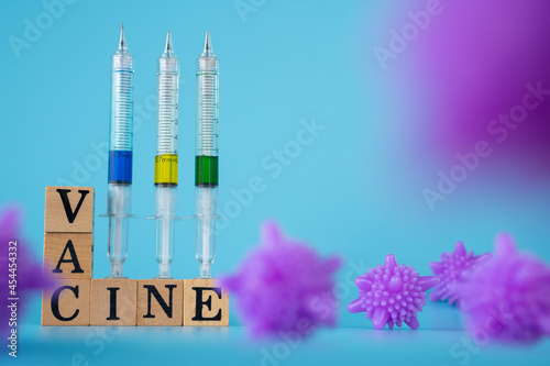 purple virus with Wooden cubes with words ''vaccine" and three syringe on blue background.