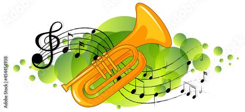 Trumpet musical instrument with melody symbols on green splotch