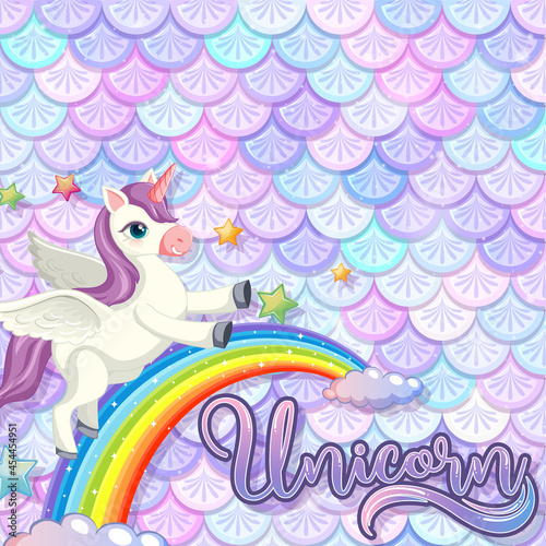 Pegasus cartoon character on pastel mermaid scales background