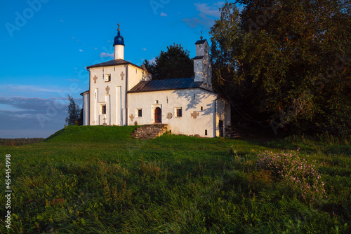 Saint Nicholas Church in Gorodishche (Nikolskaya church) on Truvorov Gorodishche on a sunny cloudless summer evening. Stary Izborsk, Pskov region, Russia