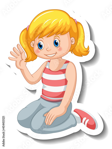 Sticker template with a girl cartoon character isolated