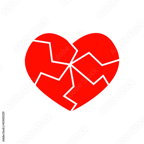 Red cracked heart icon isolated on white background. Pictogram of medicine for the cardiovascular system. Symbol of heartbreak, infarct, divorce, parting. Vector flat illustration.