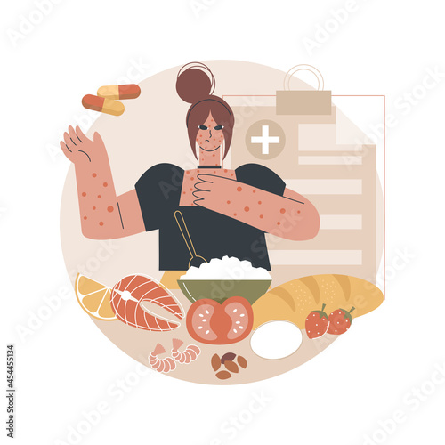 Food allergy abstract concept vector illustration. Food ingredient intolerance, allergy treatment, allergen identification, risk factor, skin rash problem, gluten free diet abstract metaphor.